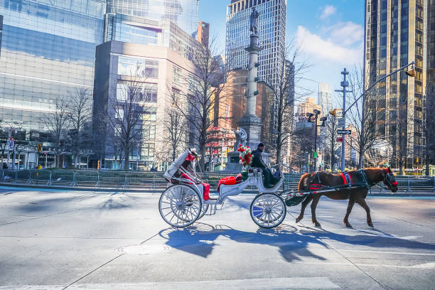 Horses on the streets of Manhattan, New York city. Tourists' attraction, animal abuse. Photographed on 2/12/22