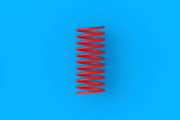 istock Red metal spring on blue background. Flexibility wire. Twisted steel coils. Auto parts. Accessories for automotive maintenance. Top view. 3d render 2090042409