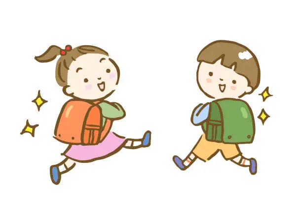 Vector illustration of Hand-drawn illustration of a cheerful first grader carrying a shiny school bag