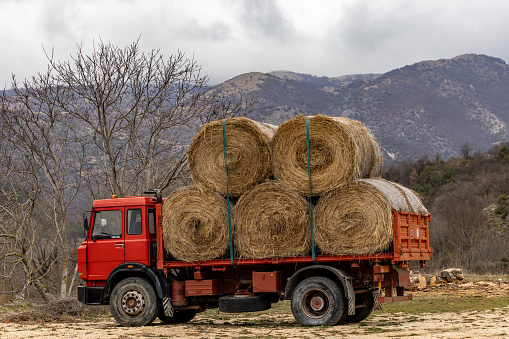 Scanno, Italy A red truck with a big load of hay bales.
