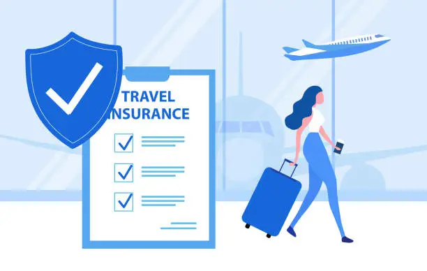 Vector illustration of Travel insurance concept. Travel insurance policy with airplane, luggage and protection shield on smartphone vector illustration