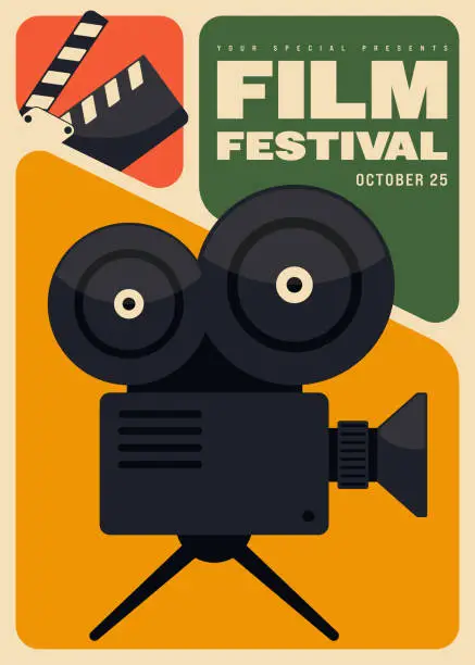 Vector illustration of Movie festival poster template design background with film camera in grid layout