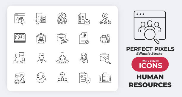 human resources skills simple minimal thin line icons. related employee, job search, recruitment, job vacancy. editable stroke. vector illustration. - karyawan baru ilustrasi stok