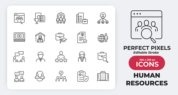 Human resources skills simple minimal thin line icons. Related employee, job search, recruitment, job vacancy. Editable stroke. Vector illustration.