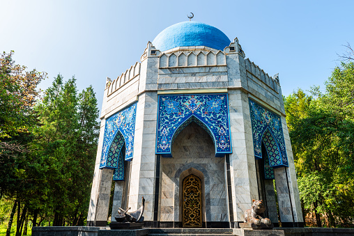 Almaty region, Kazakhstan. 07/06/2019. Mausoleum of the famous Kazakh akyn-improviser and poet Zhambyl Zhabayev (1846-1945) in the village of Zhambyla, 70 kilometers from Almaty