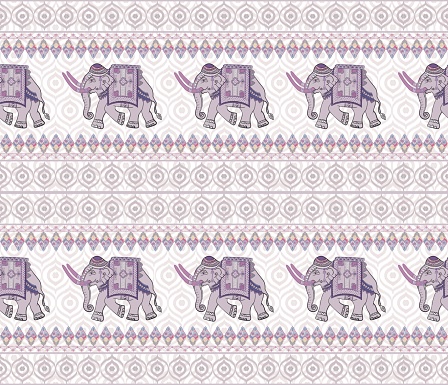 Thai elephant on soft pink pastel color with border ikat background,concept for elephant element design, pants pattern pants design. Seamless Thai patterns for fabrics printed, Ikat elephant pants in traditional thai ethnic pattern.