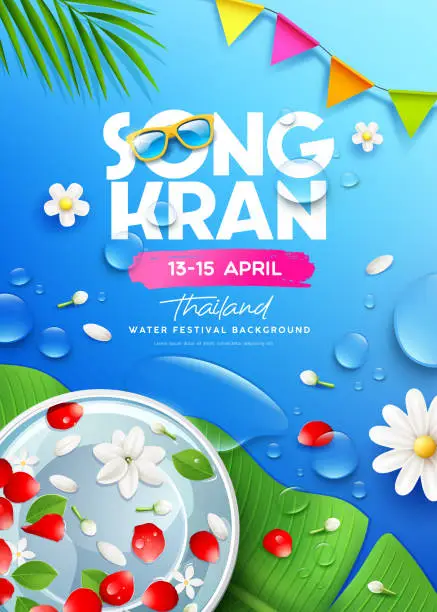 Vector illustration of Songkran water festival thailand, rose petals and jasmine flower in bowl on banana leaf, water drop realistic poster flyer