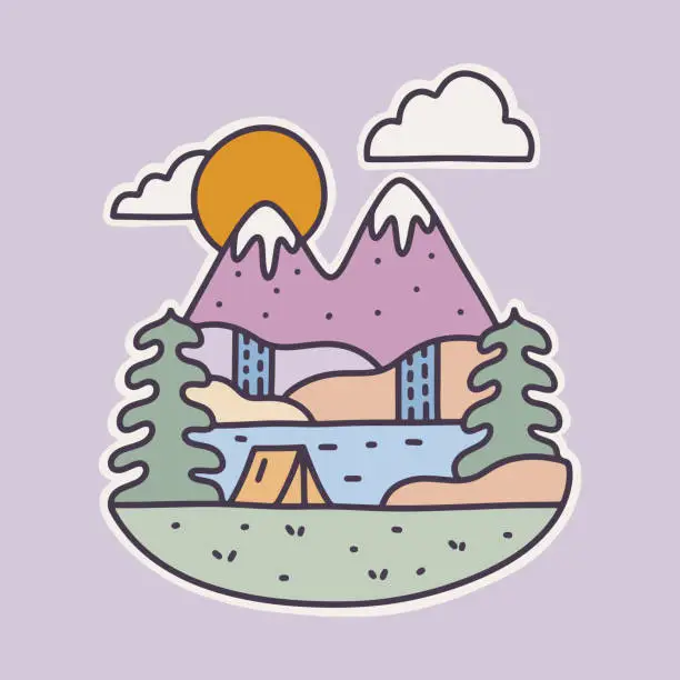 Vector illustration of Camping under the waterfall and mountain flat design for badge sticker graphic illustration vector art t-shirt design