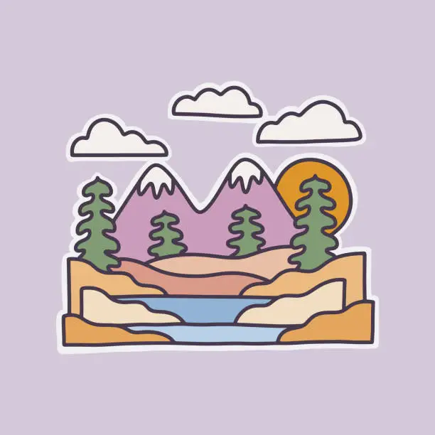 Vector illustration of The view of the nature mountain and forest flat design for badge sticker graphic illustration vector art t-shirt design