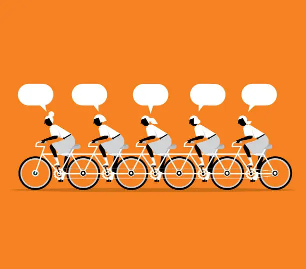 Vector illustration of Five businesswomen cycling