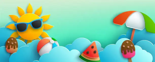 Vector illustration of A summer scene with a sun wearing sunglasses, a watermelon wedge, an ice cream cone, and a beach ball on a background of blue sky with white clouds. Vector Illustrator.