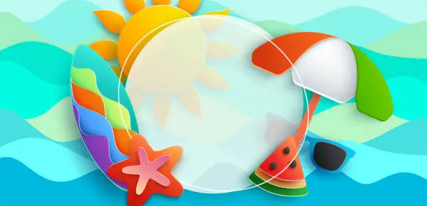 Vector illustration of A vibrant papercut illustration featuring summertime essentials - a refreshing watermelon slice, a spiky starfish, a colorful surfboard, and a striped beach umbrella.