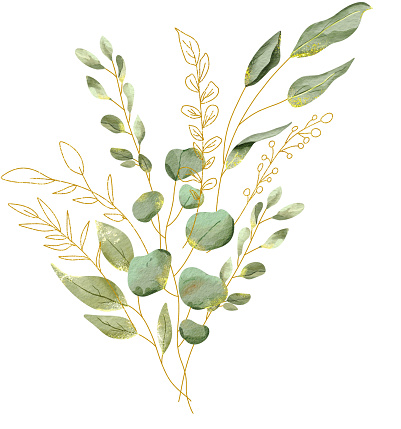 Leas Watercolor Arrangement for Invitation, Card, etc. Green Leaf with Gold Line Leaf