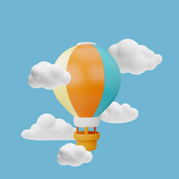 istock Hot air balloon with basket in the clouds, 3d vector cartoon render striped aerostat flying in the sky, air transport 2090305707