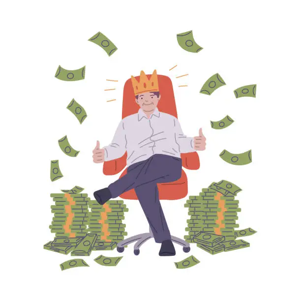 Vector illustration of Successful man with crown sitting in a red chair and showing thumbs up, lot of money around, vector business achievement