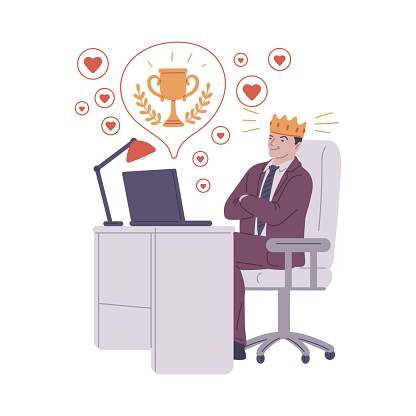 Confident businessman with a crown, sitting content at his desk, with symbols of admiration and success like hearts and a trophy. Vector illustration of workplace achievement.