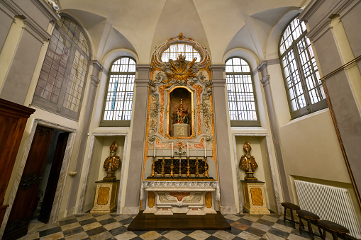Genoa, Italy - Jul 30, 2022: San Filippo Neri is a Baroque church on via Lomellini in central Genoa, Italy.