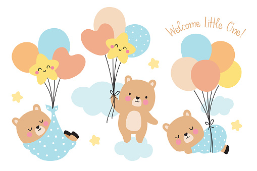 Baby boy shower vector illustration. Cute baby bear holding balloons and floating on the cloud.