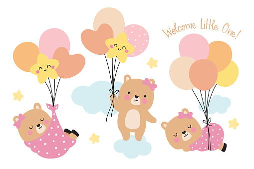 Baby girl shower vector illustration. Cute baby girl bear holding balloons and floating on the cloud.
