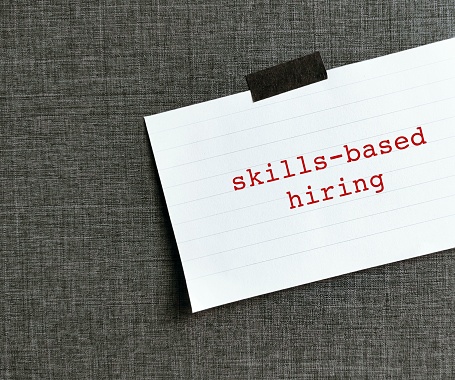 Stick note written Skills-based Hiring - refers to practice of employers setting specific skills, emphasis potential employees rather than on degrees