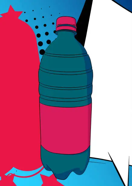 Vector illustration of Cartoon Water Bottle, comic book plastic drink container. Retro vector comics pop art design.