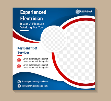experienced Electrician services promotional Square banner social media post or advertisment ads design template. circle space or photo collage. square layout with blue and red colors on element.
