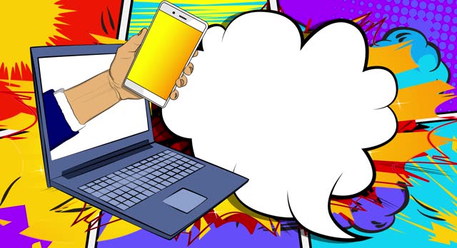 Cartoon Smart Phone and Laptop with blank speech bubble, comic book Computer animation.