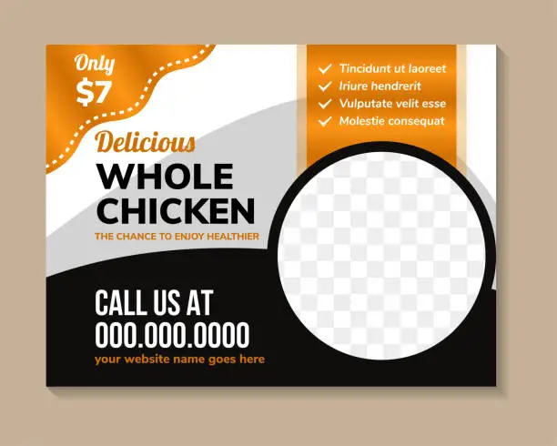 Vector illustration of delicious whole chicken social media banner design template in square layout with example of subheadline is the chance to enjoy healthier.