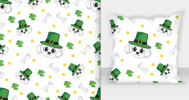 Vector illustration of A dog in a leprechaun hat seamless pattern with green clovers. St Patrick's Day concept with bone