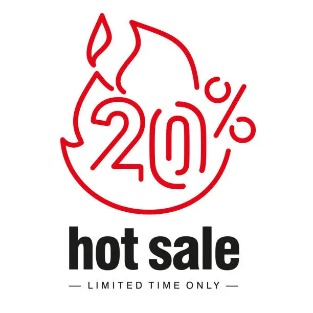 Vector illustration of Hot Sale 20% percent off big sale and super sale discount voucher coupon red line design logo icon white background