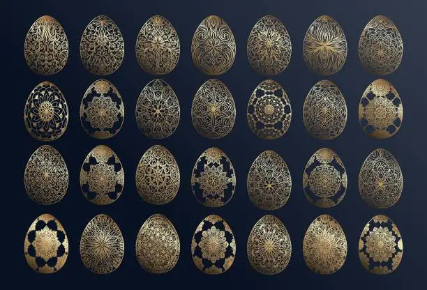 Vector illustration of Hand drawn set of gold Easter eggs with patterns, curls, flowers. Happy Easter vintage golden floral elements, decorative ethnic mosaic ornament. Vector outline sketch illustration on blue background