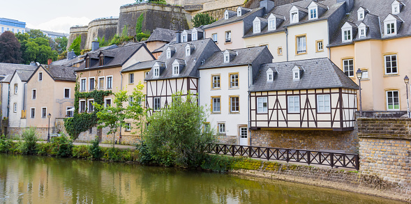 Panorama of half timbered houses at the Alzette river in Luxembourg city
