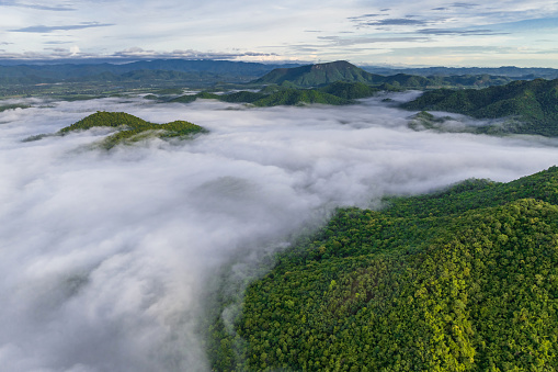 Beautiful flowing fog and clouds above the mountain. A stunning aerial view of the morning fog over the mountains. Nong Ya Plong in Phetchaburi, Thailand.
