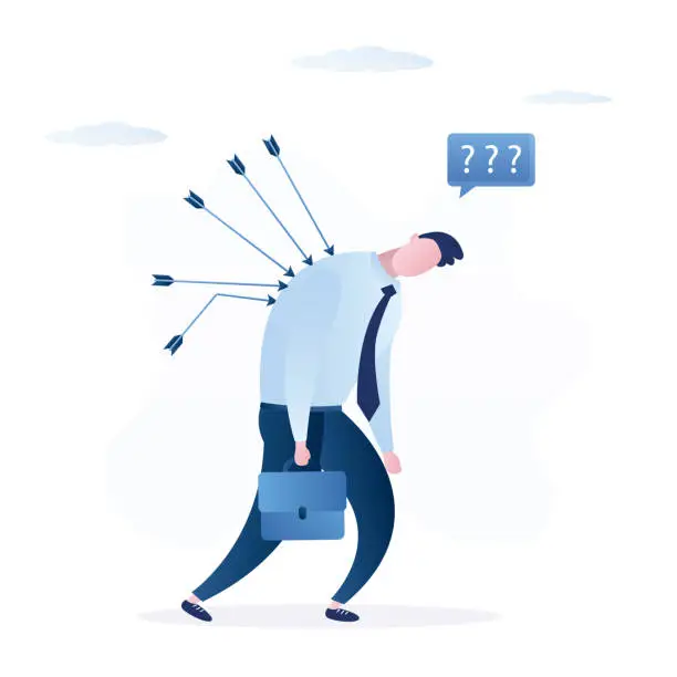 Vector illustration of Blaming and social bullying. Frustrated exhausted businessman walking with painful arrow bows on back. Business betrayal, pain from failure