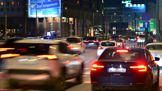 Warsaw, Poland. 6 March 2024. Lights and illumination Towarowa street.