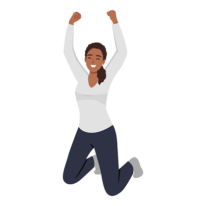 Excited woman rejoices and celebrates triumph, kneeling and raising hands up from joy. Flat vector illustration isolated on white background