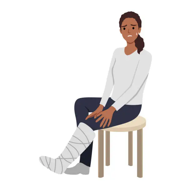 Vector illustration of Woman broken leg and crutch semi flat color vector character. Sitting figure. Full body person on white. Injury recovery