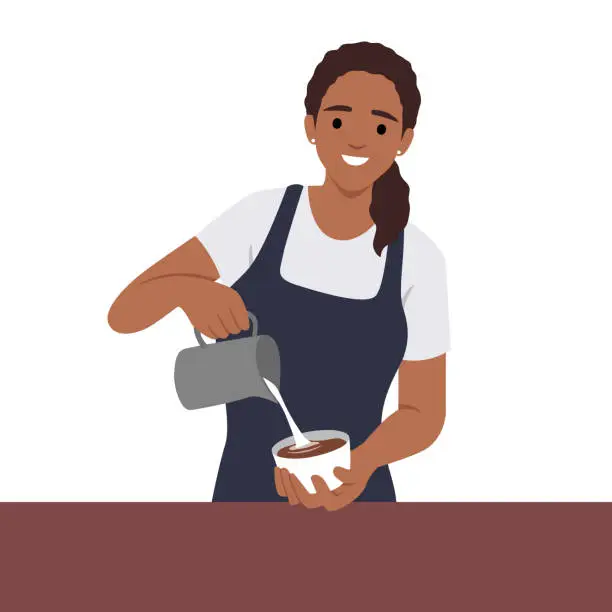 Vector illustration of Young smiling barista woman serving coffee pour milkin a coffee cup.