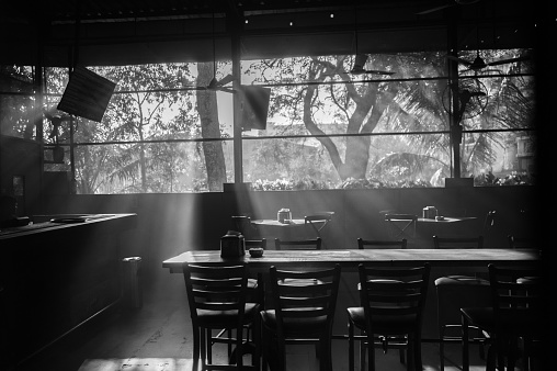 Interior of a restaurant with sunlight
