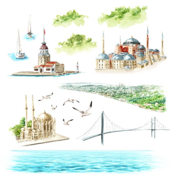 bosporus, elemente der architektur, istanbul, türkei. handgezeichnete aquarellillustration, isoliert auf weißem hintergrund - bosporus stock-grafiken, -clipart, -cartoons und -symbole