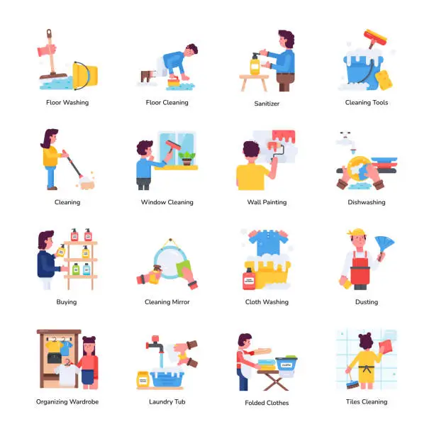 Vector illustration of Collection of Housekeeping Essentials Flat Icons