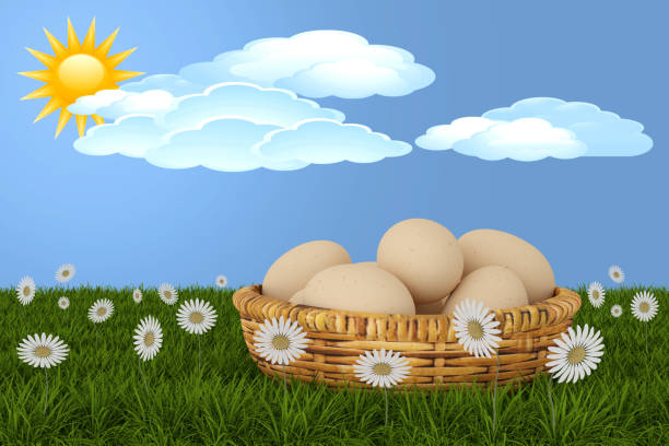 3D illustration. Spring, summer, Easter. Basket of eggs with meadow and butterflies, sky and trees in the background. Daisies and flowers color the green lawn.