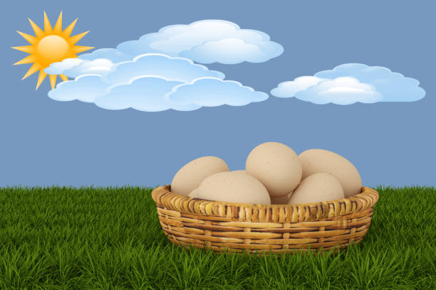 3D illustration. Spring, summer, Easter. Basket of eggs with meadow and butterflies, sky and trees in the background. Daisies and flowers color the green lawn.