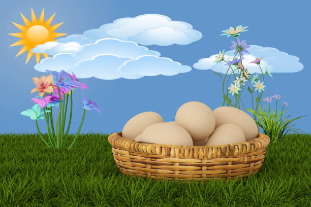 3D illustration. Spring, summer, Easter. Basket of eggs with meadow and butterflies, sky and trees in the background. Daisies and flowers color the green lawn.