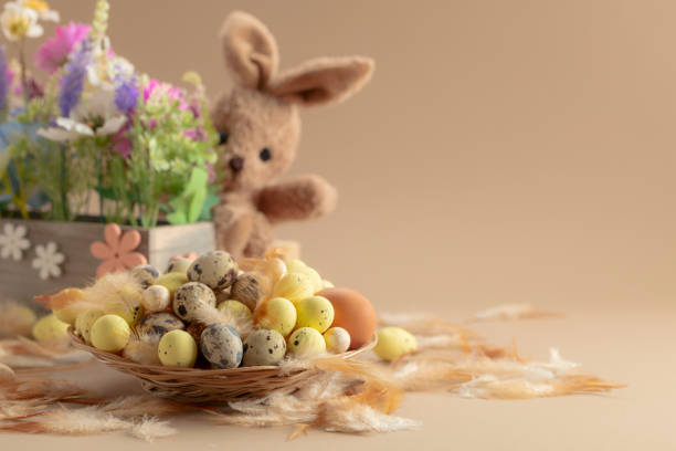 Easter eggs, feathers, spring flowers, and toy bunny on a beige background. Focus on a foreground.