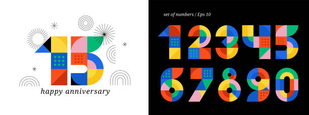 Anniversary concept design. Modern geometric style. Fireworks and celebration colorful background, set of numbers. Vector illustration