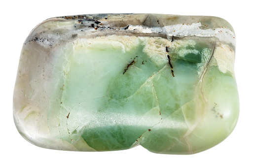 specimen of natural tumbled green opalite mineral cutout on white background