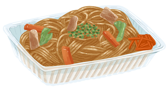 Illustration of fried noodles in a food pack
