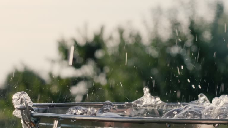 Ripe tomatoes fall in a bucket of water, splashes fly high to the sides. Slow motion video