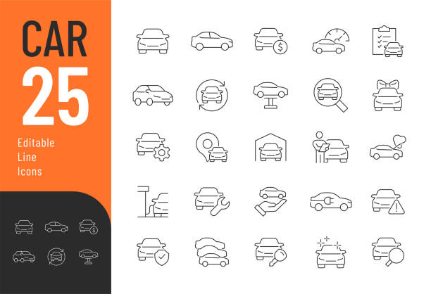 Vector illustration in modern thin line style of vehicle related icons: car repair, car wash, tech review, and more. Pictograms and infographics for mobile apps